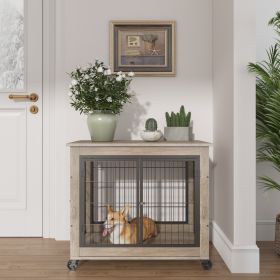 Furniture Style Dog Crate Side Table on Wheels with Double Doors and Lift Top. (Color: grey)